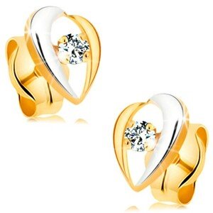 Náušnice zo 14K zlata - zahnuté línie lemujúce číry diamant, dvojfarebné