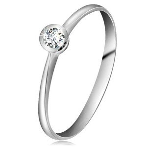 Prsteň z bieleho 14K zlata - ligotavý číry briliant v lesklej objímke, zúžené ramená - Veľkosť: 53 mm