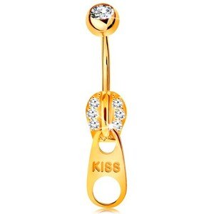 Piercing do bruška v žltom 14K zlate - zips zdobený zirkónikmi a nápisom KISS