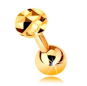 Zlatý 9K piercing do ucha - lesklá rovná činka s guličkou a brúseným kolieskom, 5 mm