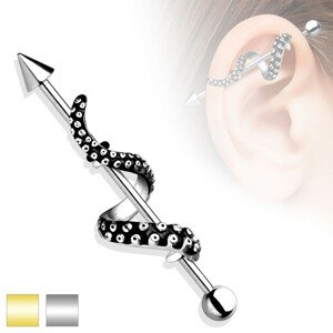 Piercing do ucha z ocele 316L - činka s guličkou a hrotom, rameno chobotnice - Farba piercing: Zlatá
