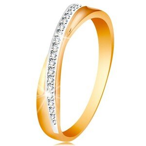 Prsteň zo 14K zlata - prekrížená hladká a trblietavá línia z čírych zirkónikov - Veľkosť: 56 mm