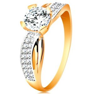 Prsteň zo 14K zlata - okrúhly zirkón čírej farby, trblietavá línia, úzke výrezy - Veľkosť: 49 mm