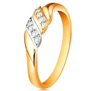 Zlatý prsteň 585 - dve vlnky z bieleho a žltého zlata, trblietavé číre zirkóny - Veľkosť: 54 mm