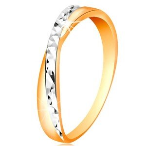 Dvojfarebný prsteň v zlate 585 - rozdelené ramená, drobné ligotavé ryhy - Veľkosť: 54 mm