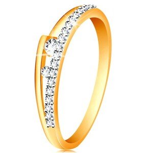 Prsteň v 14K zlate - rozdvojené ramená, trblietavá línia, dva číre zirkóniky - Veľkosť: 52 mm
