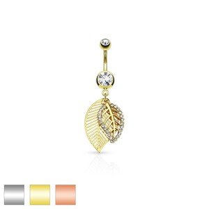 Piercing do pupku z ocele 316L, dva lístočky zdobené výrezmi a čírymi zirkónmi - Farba piercing: Zlatá