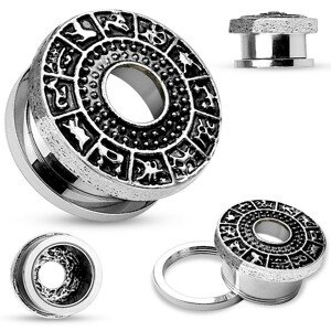 Tunel do ucha z ocele 316L, strieborná farba, patinovaný zverokruh - Hrúbka: 6 mm