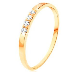 Zlatý prsteň 585 - línia štyroch čírych briliantov, tenké lesklé ramená - Veľkosť: 58 mm