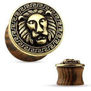 Sedlový plug do ucha z dreva tmavohnedej farby, patinovaná levia hlava - Hrúbka: 8 mm