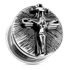 Oceľový tunel plug do ucha striebornej farby, žena na kríži, čierna patina - Hrúbka: 8 mm