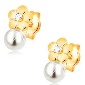Náušnice zo žltého 14K zlata, lesklý kvet s čírym diamantom, biela perla