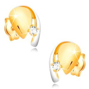 Diamantové zlaté 14K náušnice, dvojfarebná kvapka so žiarivým briliantom