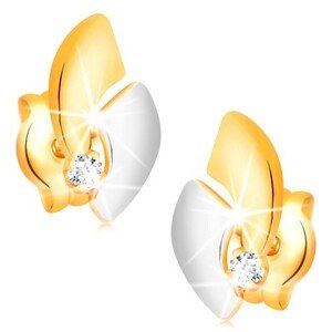 Zlaté 14K náušnice s ligotavým diamantom, dvojfarebné oblúky, puzetky