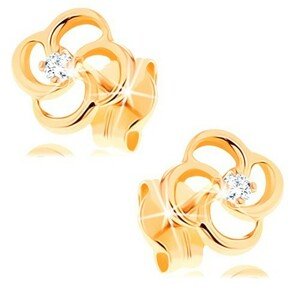 Briliantové náušnice zo žltého 14K zlata - kvet s čírym diamantom