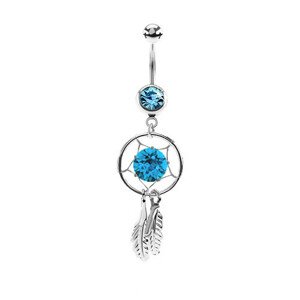 Piercing z ocele 316L, lapač snov s pierkami, dva svetlomodré zirkóny