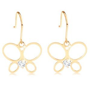 Náušnice v žltom 14K zlate - tenký obrys motýľa, okrúhly diamant čírej farby