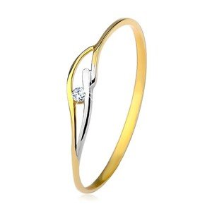 Prsteň v žltom a bielom 14K zlate, úzke ramená, vlnky a zirkón čírej farby - Veľkosť: 54 mm