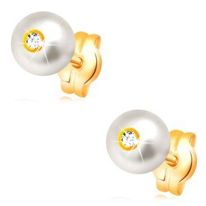 Zlaté náušnice 14K - guľatá biela perla so vsadeným čírym zirkónom, 5 mm