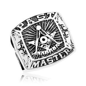 Prsteň z chirurgickej ocele, symboly slobodomurárov a nápis, čierna patina - Veľkosť: 67 mm