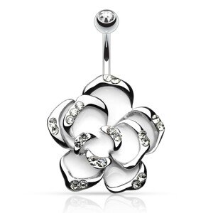 Piercing do pupku, chirurgická oceľ, biela ruža s čírymi zirkónmi