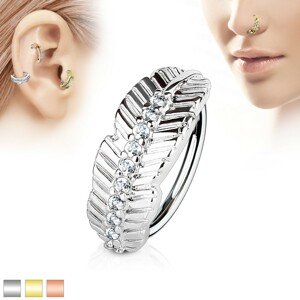 Piercing krúžok z chirurgickej ocele, úzky list s líniou čírych zirkónov - Hrúbka x priemer: 0,8 mm x 8 mm, Farba piercing: Medená