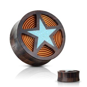 Sedlový plug do ucha z dreva Sono hnedočiernej farby, modrá hviezda, cievka - Hrúbka: 22 mm