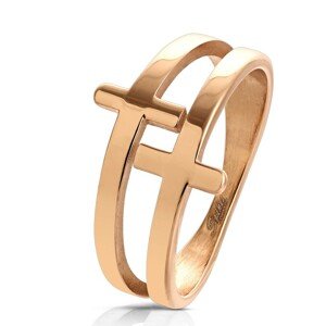 Prsteň z chirurgickej ocele medenej farby, lesklý zdvojený kríž - Veľkosť: 54 mm