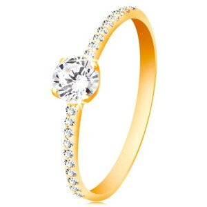 Prsteň zo žltého 14K zlata - okrúhly číry zirkón, tenké zirkónové línie po stranách - Veľkosť: 61 mm