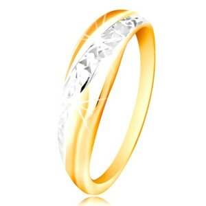 Prsteň zo zlata 585 - línie z bieleho a žltého zlata, ligotavý brúsený povrch - Veľkosť: 58 mm
