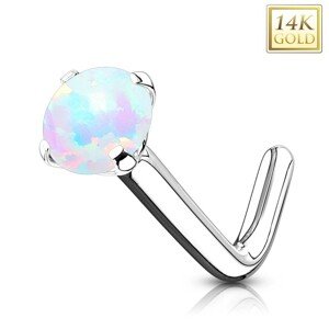 Zahnutý piercing do nosa v bielom 14K zlate, syntetický biely opál