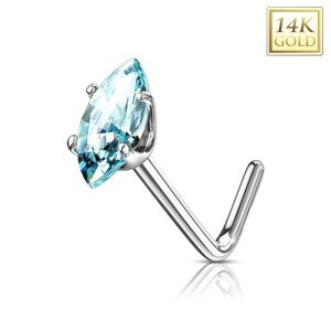 Zlatý 14K zahnutý piercing do nosa - svetlomodré zrnko, biele zlato