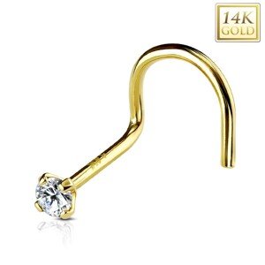 Zahnutý piercing do nosa zo žltého 14K zlata, okrúhly číry zirkón, 3 mm