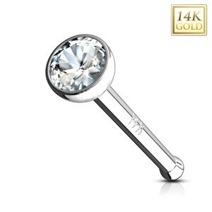 Piercing do nosa z bieleho 14K zlata - rovný tvar, číry zirkón v objímke, 2 mm - Hrúbka piercingu: 1 mm
