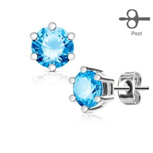 Náušnice z ocele 316L striebornej farby, okrúhly modrý zirkón v kotlíku - Priemer: 4 mm