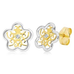 Náušnice zo zlata 585 - dvojfarebný kvietok s ornamentom a čírym zirkónom