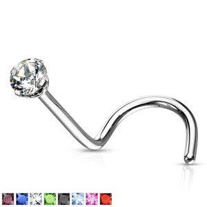 Zahnutý piercing do nosa z chirurgickej ocele - drobný farbený kryštál v kotlíku - Hrúbka piercingu: 0,8 mm, Farba piercing: Aqua