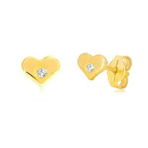 Diamantové náušnice zo žltého 14K zlata - lesklé srdiečko s briliantom