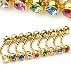 Piercing do obočia - zlatá farba so zirkónikmi - Rozmer: 1,2 mm x 10 mm x 4 mm, Farba zirkónu: Svetlo zelená - G