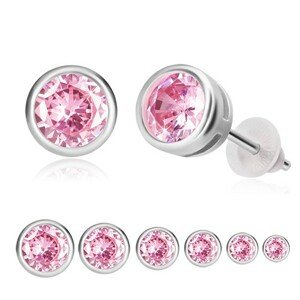 Strieborné náušnice 925 - ružový zirkón, okrúhla objímka, puzetky - Hlavička: 8 mm