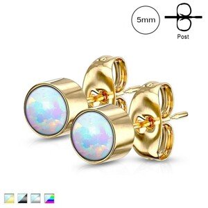 Náušnice z ocele 316L - opál zo syntetického materiálu v objímke, puzetové zapínanie, 5 mm - Farba: Zlatá