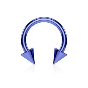 Piercing do nosa z ocele s titánovým povrchom - podkova v modrom odtieni ukončená hrotmi - Rozmer: 2 mm x 12 mm x 5x5 mm