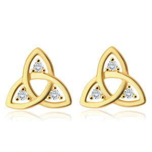 Náušnice zo žltého 375 zlata - symbol Triquetra, zirkóniky čírej farby