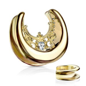 Oceľový plug do ucha v zlatej farbe - zirkónová slzička, ornamenty - Hrúbka: 12 mm