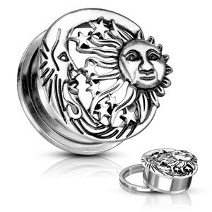 Patinovaný plug do ucha z ocele - slnko, tri hviezdy a mesiac  - Hrúbka: 8 mm