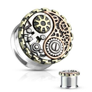 Oceľový plug do ucha s čiernou patinou - symbol Jin a Jang - Hrúbka: 14 mm