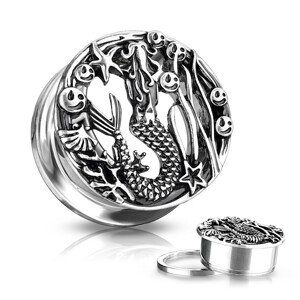 Oceľový plug do ucha s patinou - morská panna, hviezdice, mušle  - Hrúbka: 8 mm