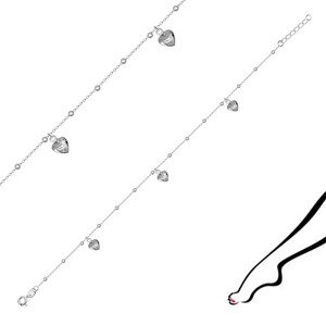 Náramok na nohu zo striebra 925 - tri zrkadlovolesklé symetrické srdiečka, hladké guličky
