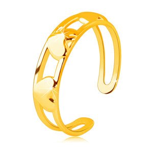 Prsteň zo 14K zlata - tri súmerné zrkadlovolesklé srdcia medzi dvoma líniami - Veľkosť: 54 mm