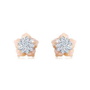 Zlaté 14K náušnice - kvet so Swarovski krištáľmi, ružové perleťové lupene, puzetky